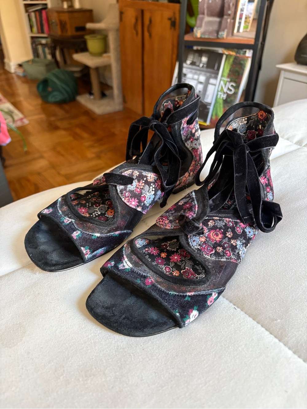 Coach x Tabitha Simmons Liza, Black Floral Velvet Laceup Sandals Size 8.5